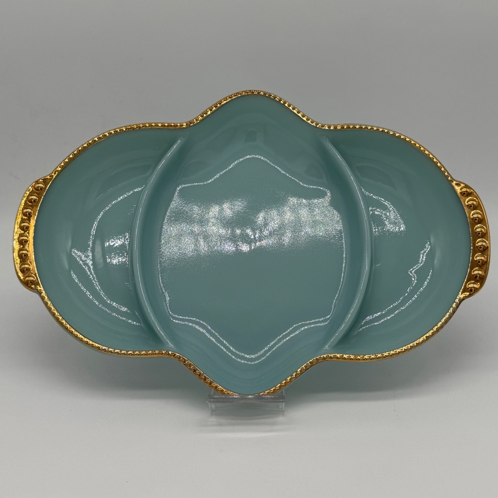 Vintage Fire-King Turquoise Blue 3 Divided Relish Dish Tray 22k Gold Trim 1950s